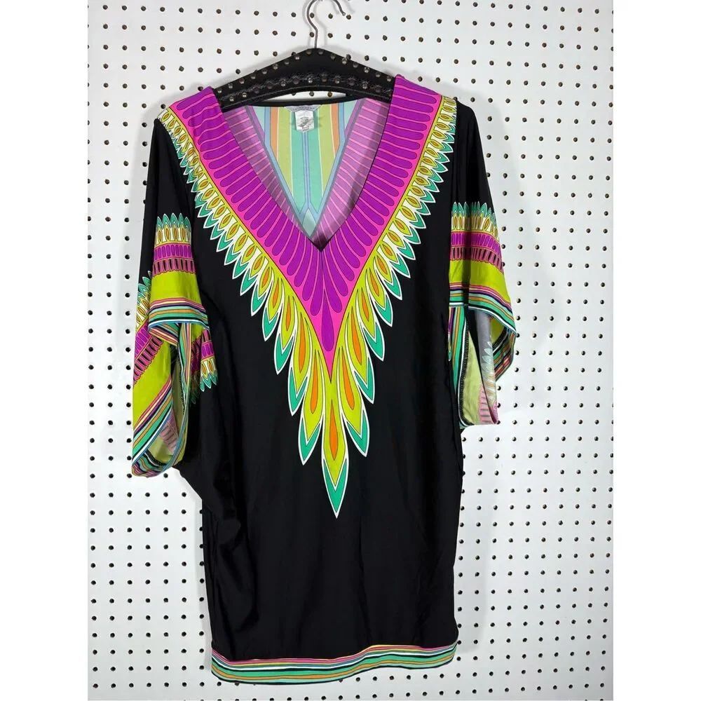 Trina Turk Black & Multicolor Plumas Swim Cover Up Kaftan size S - Picture 2 of 7